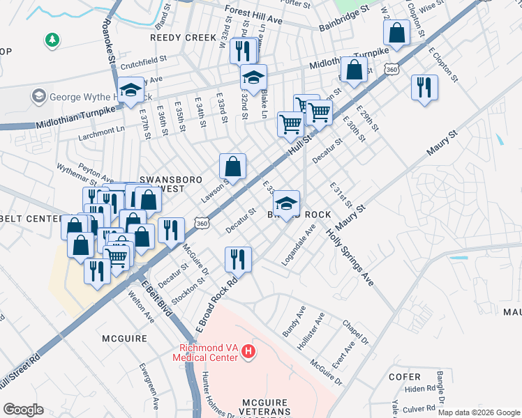 map of restaurants, bars, coffee shops, grocery stores, and more near 3309 Decatur Street in Richmond