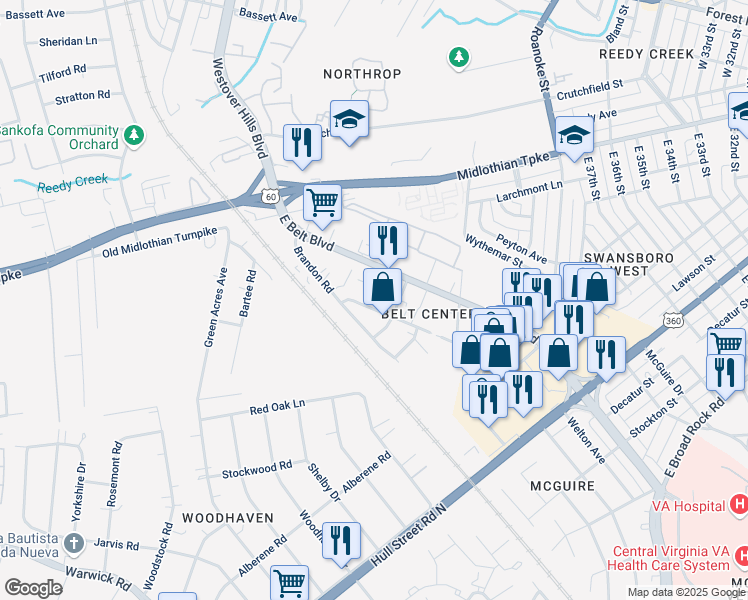 map of restaurants, bars, coffee shops, grocery stores, and more near 168 East Belt Boulevard in Richmond