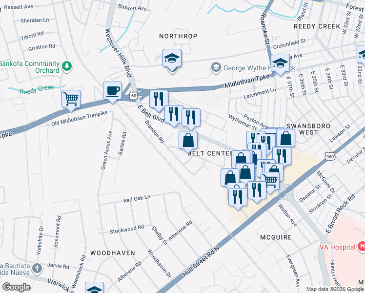 map of restaurants, bars, coffee shops, grocery stores, and more near 168 East Belt Boulevard in Richmond