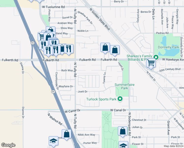 map of restaurants, bars, coffee shops, grocery stores, and more near 1400 North Tully Road in Turlock