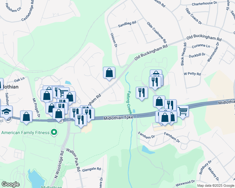 map of restaurants, bars, coffee shops, grocery stores, and more near 1005 Mill Forest Drive in Midlothian