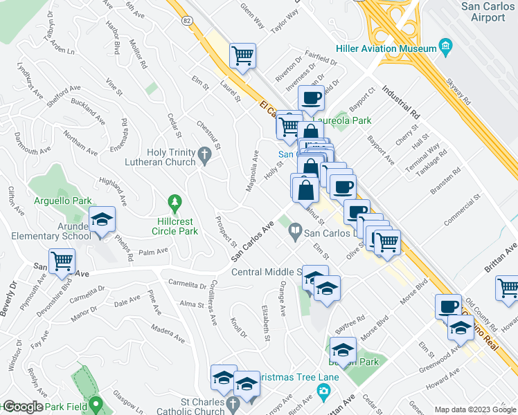 map of restaurants, bars, coffee shops, grocery stores, and more near 531 Chestnut Street in San Carlos