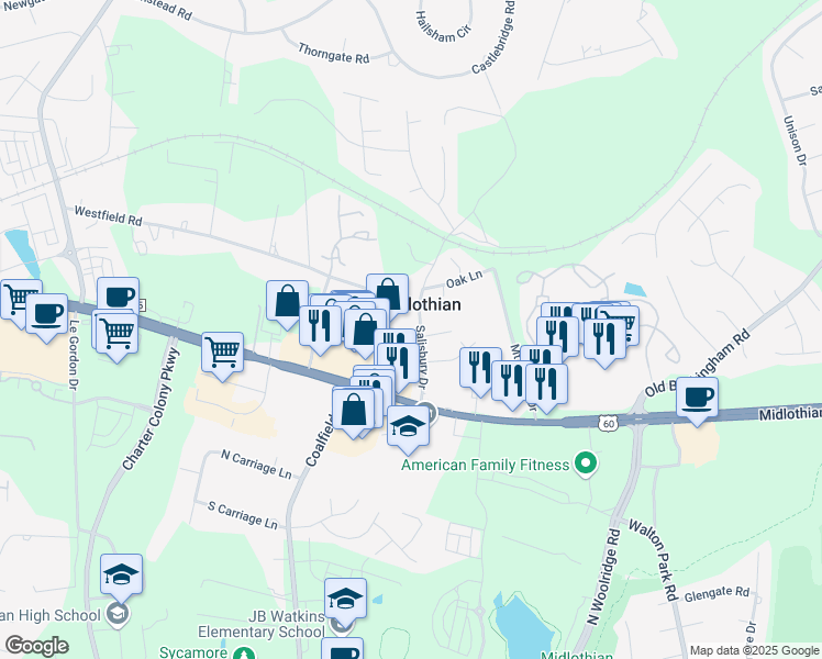 map of restaurants, bars, coffee shops, grocery stores, and more near 1210 Salisbury Drive in Midlothian