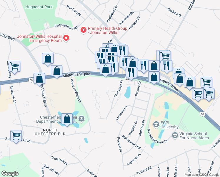 map of restaurants, bars, coffee shops, grocery stores, and more near 811 Roehampton Court in Richmond