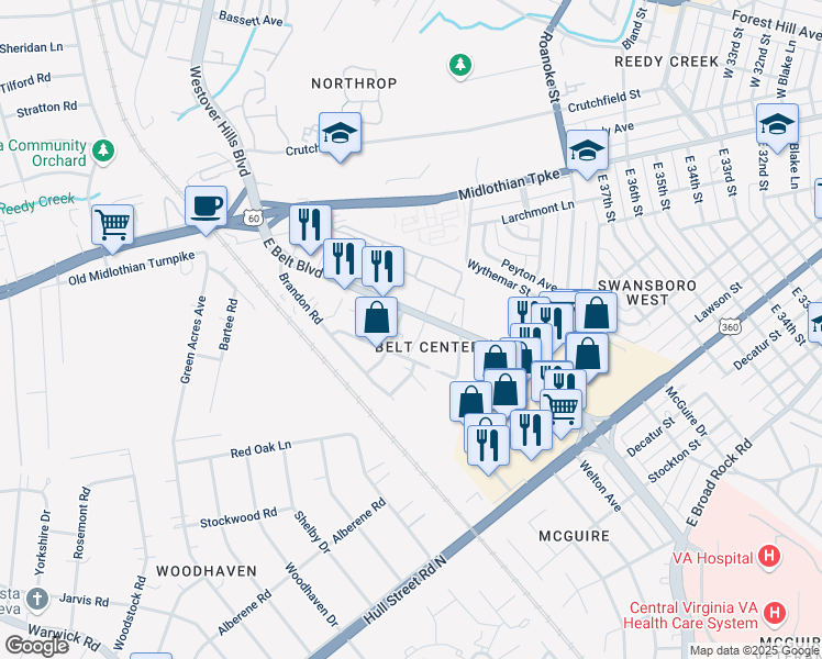 map of restaurants, bars, coffee shops, grocery stores, and more near 265-299 E Belt Blvd in Richmond