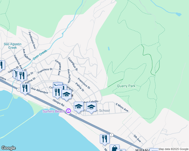 map of restaurants, bars, coffee shops, grocery stores, and more near 175 El Granada Boulevard in El Granada