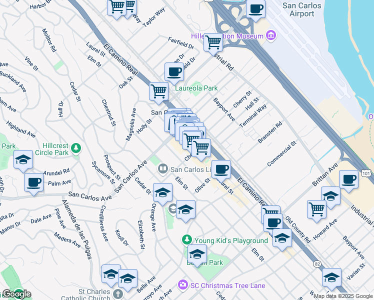 map of restaurants, bars, coffee shops, grocery stores, and more near 637a Laurel Street in San Carlos