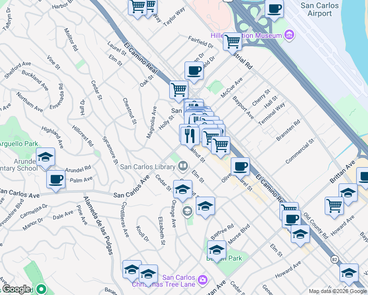 map of restaurants, bars, coffee shops, grocery stores, and more near 1250 San Carlos Avenue in San Carlos