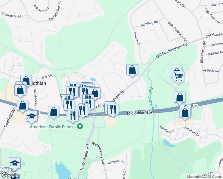 map of restaurants, bars, coffee shops, grocery stores, and more near 1125 Oldbury Road in Midlothian