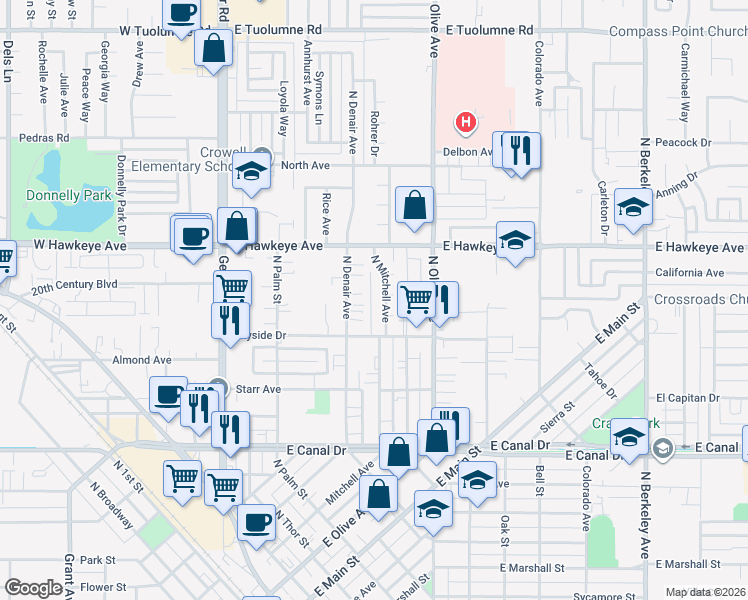 map of restaurants, bars, coffee shops, grocery stores, and more near 1420 North Denair Avenue in Turlock