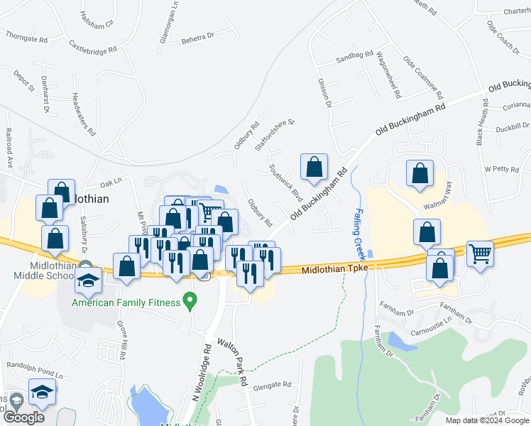 map of restaurants, bars, coffee shops, grocery stores, and more near 1201 Oldbury Road in Midlothian