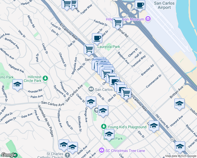 map of restaurants, bars, coffee shops, grocery stores, and more near 657 Walnut Street in San Carlos