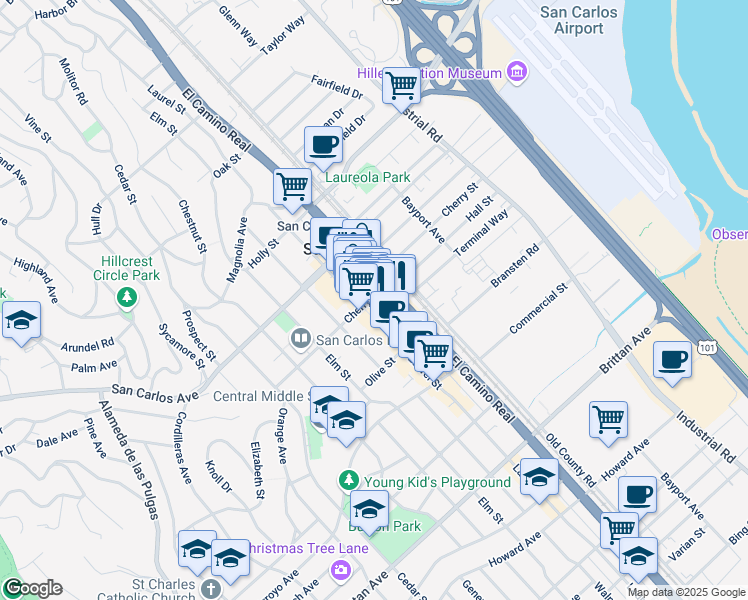 map of restaurants, bars, coffee shops, grocery stores, and more near in San Carlos