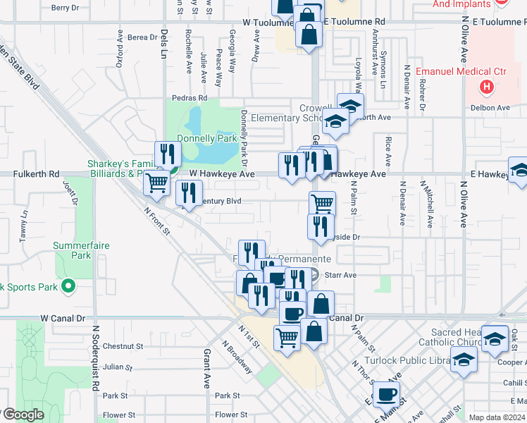 map of restaurants, bars, coffee shops, grocery stores, and more near 1320 Austin David Way in Turlock