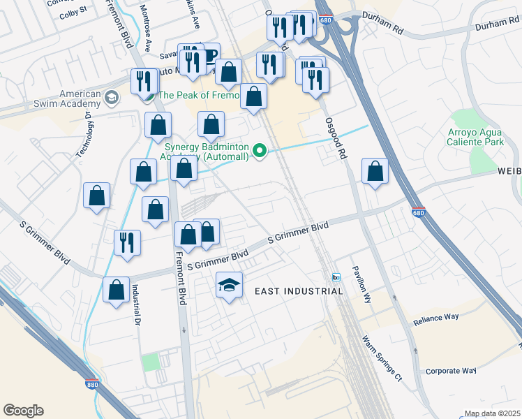 map of restaurants, bars, coffee shops, grocery stores, and more near 44728 Old Warm Springs Boulevard in Fremont