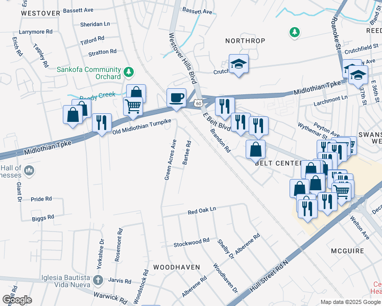 map of restaurants, bars, coffee shops, grocery stores, and more near 117 Chuckatuck Avenue in Richmond