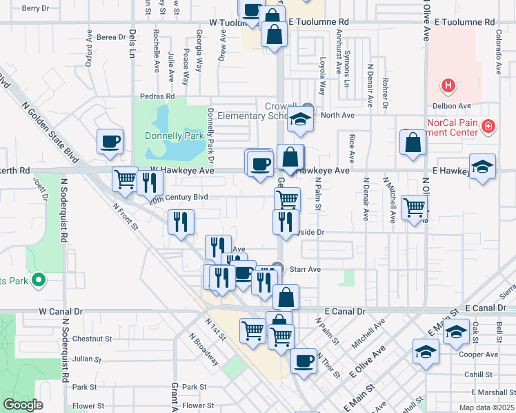 map of restaurants, bars, coffee shops, grocery stores, and more near 124 20th Century Boulevard in Turlock