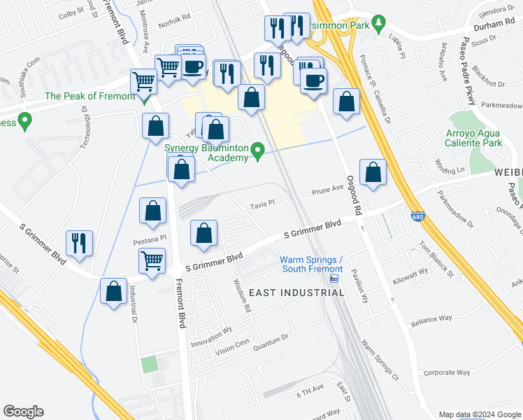 map of restaurants, bars, coffee shops, grocery stores, and more near 3000-3264 Tavis Place in Fremont