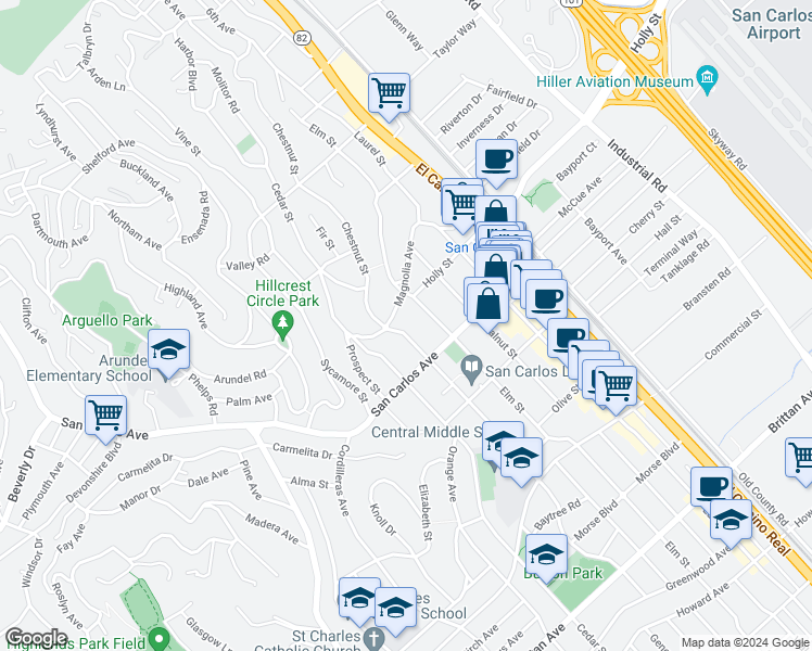 map of restaurants, bars, coffee shops, grocery stores, and more near 1421 Magnolia Avenue in San Carlos