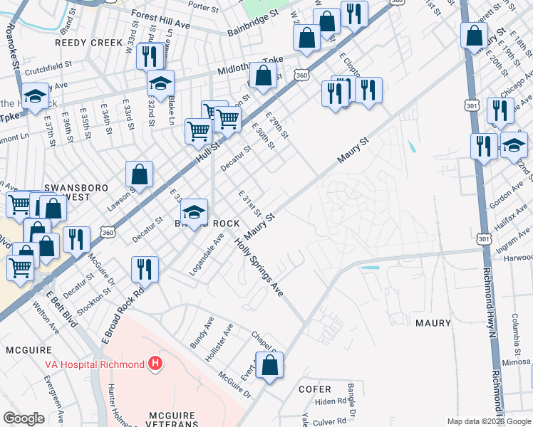 map of restaurants, bars, coffee shops, grocery stores, and more near 3077 Maury Street in Richmond