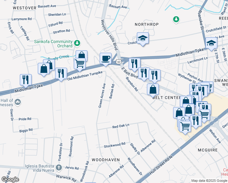 map of restaurants, bars, coffee shops, grocery stores, and more near 117 Chuckatuck Avenue in Richmond