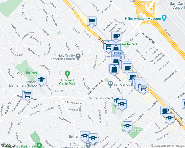 map of restaurants, bars, coffee shops, grocery stores, and more near 501 Chestnut Street in San Carlos