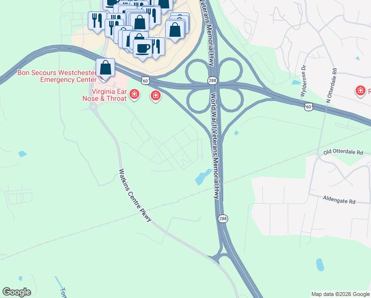 map of restaurants, bars, coffee shops, grocery stores, and more near 1201 Watkins Centre Parkway in Midlothian