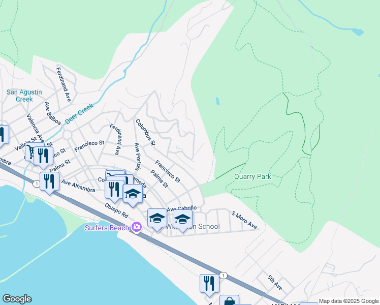 map of restaurants, bars, coffee shops, grocery stores, and more near 215 El Granada Boulevard in El Granada