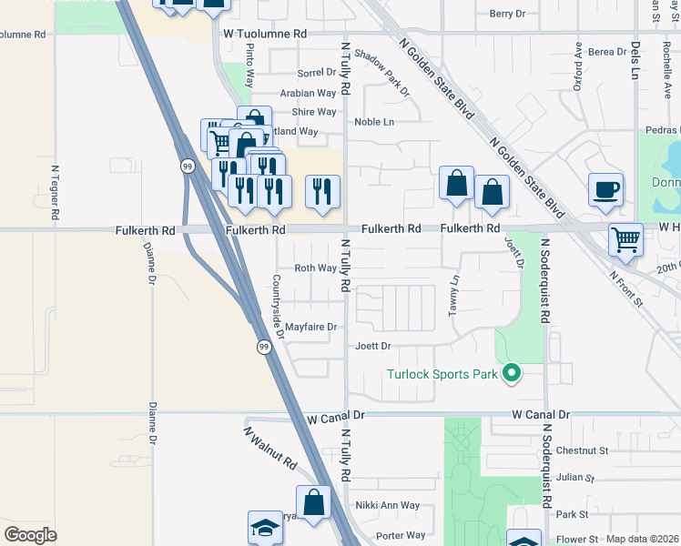 map of restaurants, bars, coffee shops, grocery stores, and more near 2085 Roth Court in Turlock
