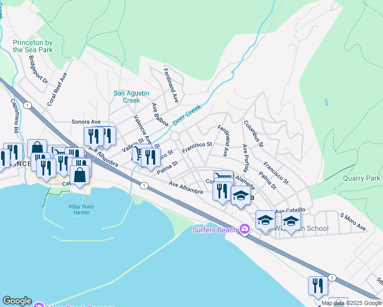 map of restaurants, bars, coffee shops, grocery stores, and more near 306 Avenue Balboa in Half Moon Bay