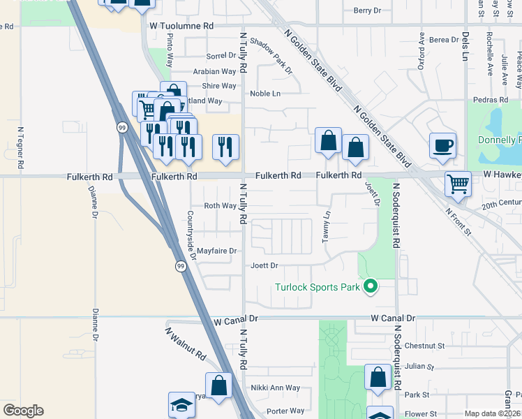 map of restaurants, bars, coffee shops, grocery stores, and more near 2000 Roth Court in Turlock