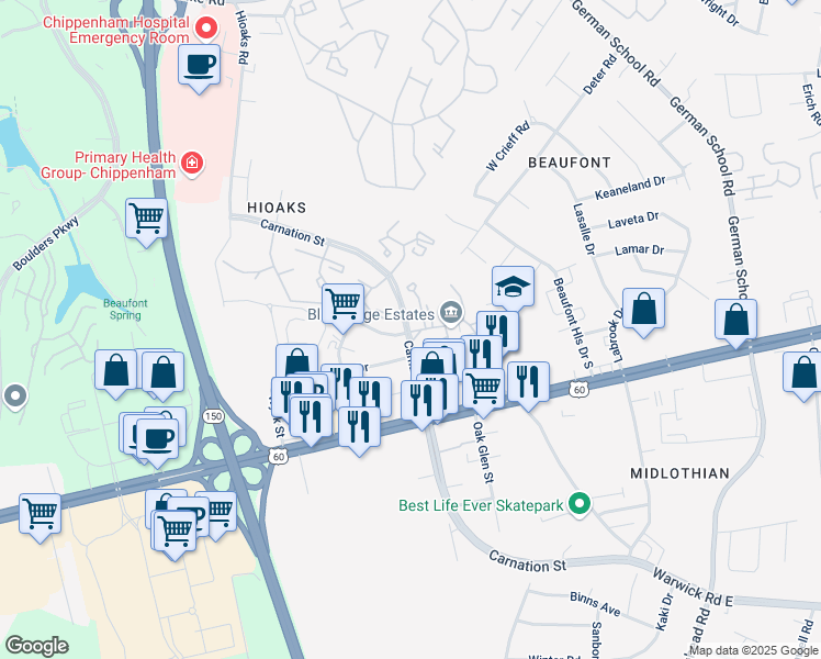 map of restaurants, bars, coffee shops, grocery stores, and more near 6711 Carnation Street in Richmond
