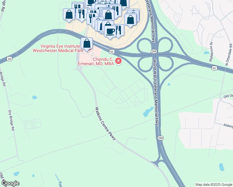 map of restaurants, bars, coffee shops, grocery stores, and more near 1201 Watkins Centre Parkway in Midlothian