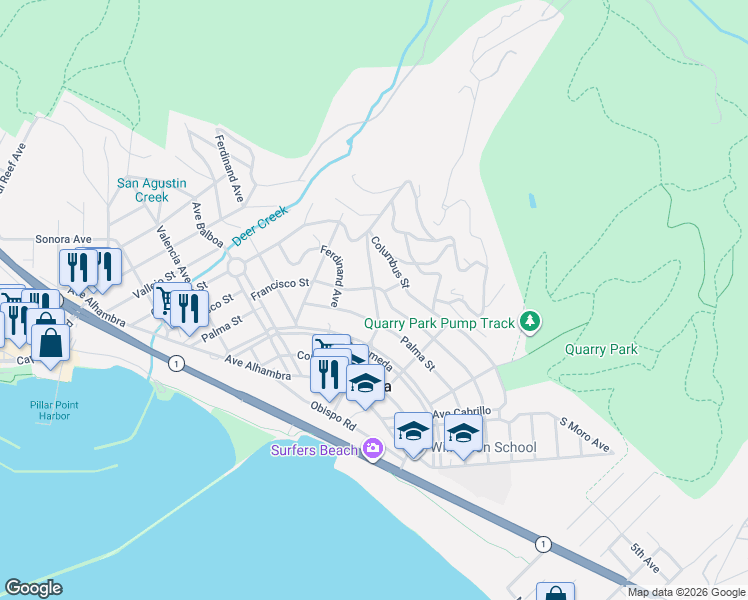 map of restaurants, bars, coffee shops, grocery stores, and more near 590 Francisco Street in El Granada