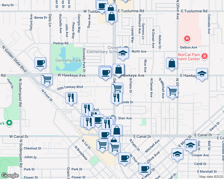 map of restaurants, bars, coffee shops, grocery stores, and more near 1351 Geer Road in Turlock