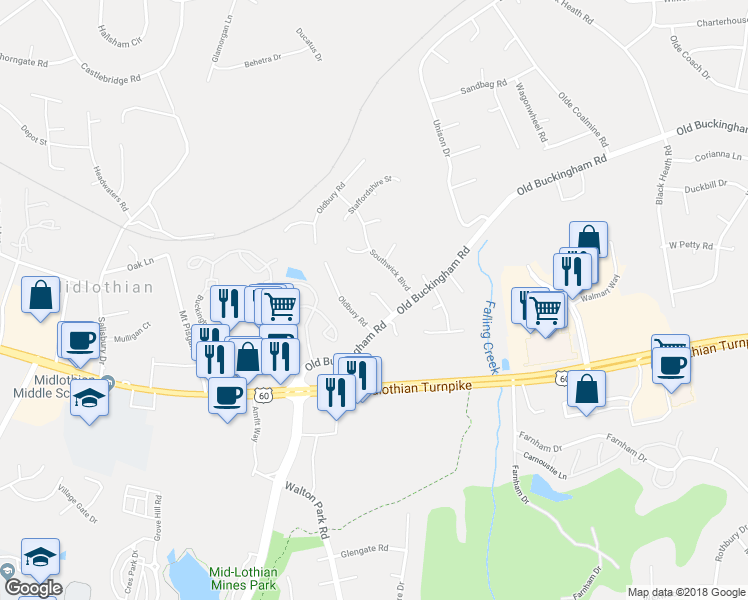 map of restaurants, bars, coffee shops, grocery stores, and more near 1118 Letchworth Lane in Midlothian