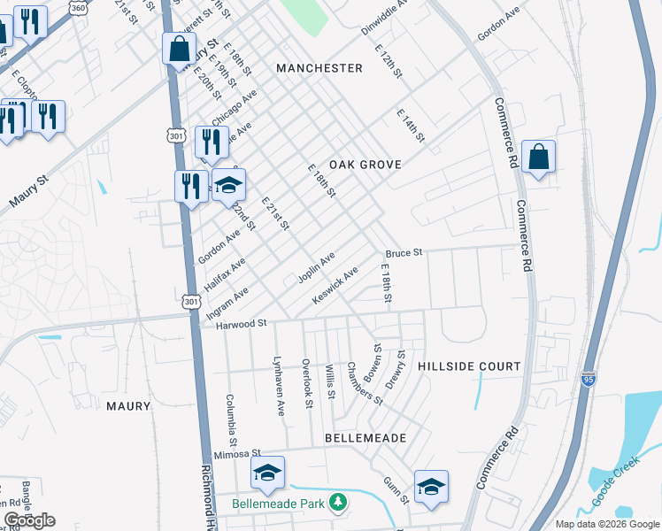 map of restaurants, bars, coffee shops, grocery stores, and more near 1834 Joplin Avenue in Richmond
