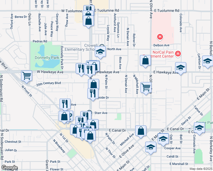 map of restaurants, bars, coffee shops, grocery stores, and more near 1340 North Palm Street in Turlock
