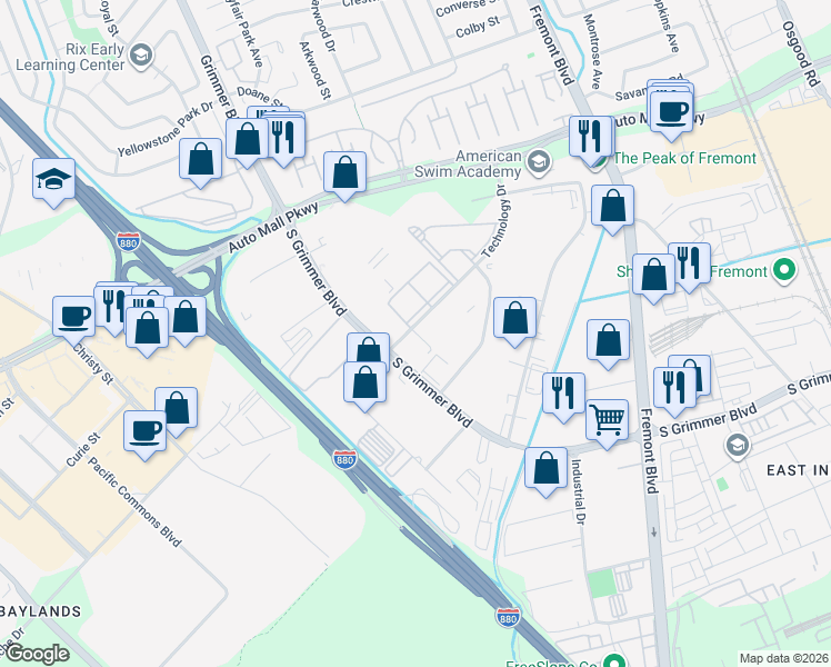 map of restaurants, bars, coffee shops, grocery stores, and more near 4400 Technology Drive in Fremont