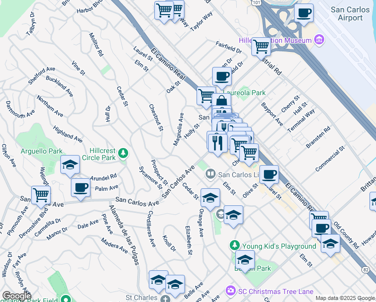 map of restaurants, bars, coffee shops, grocery stores, and more near 553 Elm Street in San Carlos