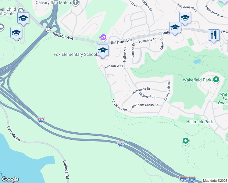 map of restaurants, bars, coffee shops, grocery stores, and more near 17 Rinconada Circle in Belmont