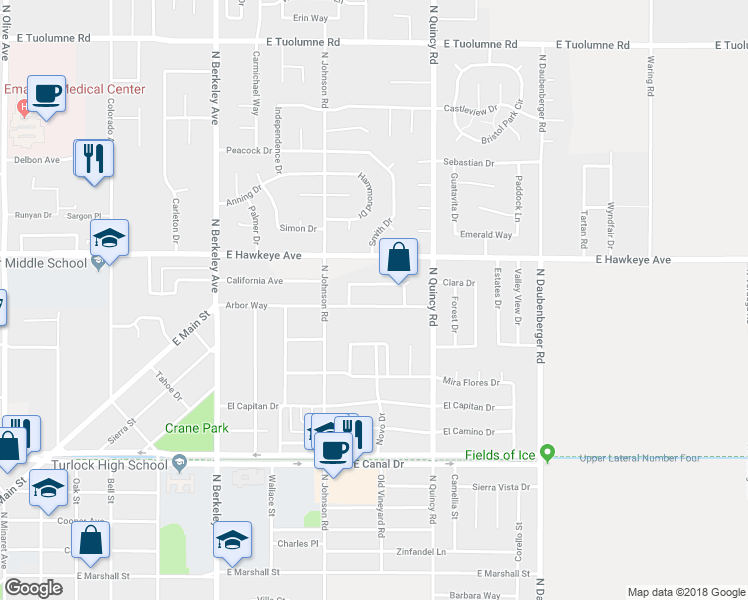 map of restaurants, bars, coffee shops, grocery stores, and more near 2220 Christine Way in Turlock