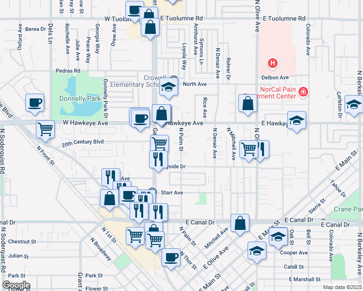 map of restaurants, bars, coffee shops, grocery stores, and more near 1340 North Palm Street in Turlock
