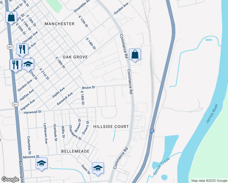 map of restaurants, bars, coffee shops, grocery stores, and more near 1602 Rosecrest Avenue in Richmond