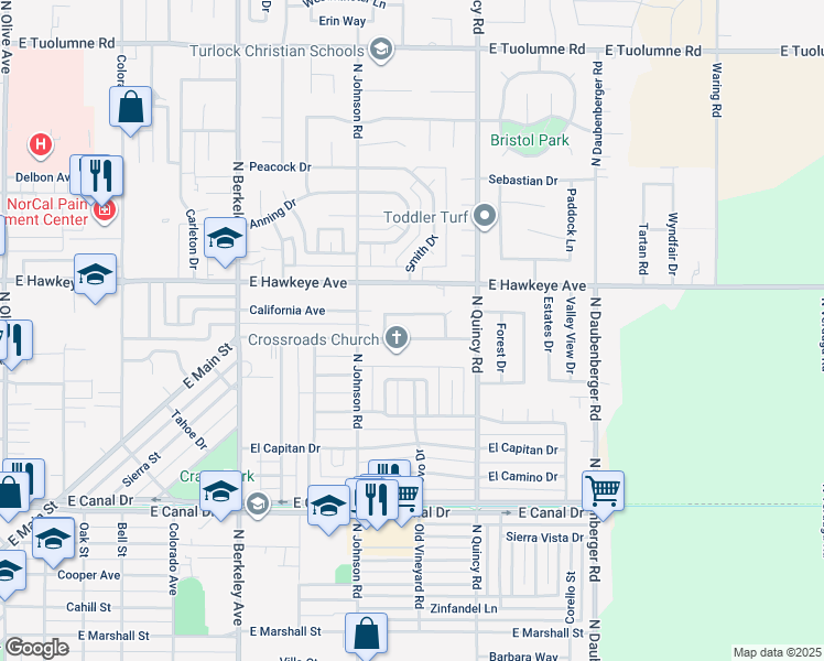 map of restaurants, bars, coffee shops, grocery stores, and more near 2181 Arbor Way in Turlock
