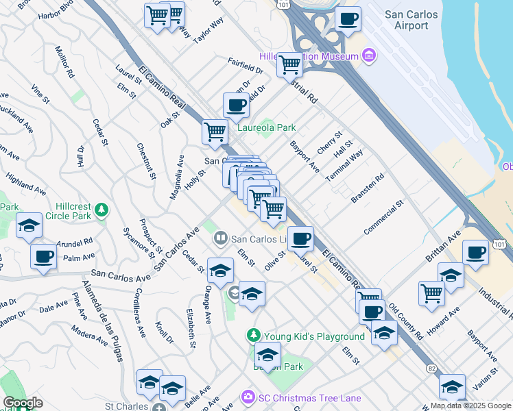 map of restaurants, bars, coffee shops, grocery stores, and more near 637a Laurel Street in San Carlos