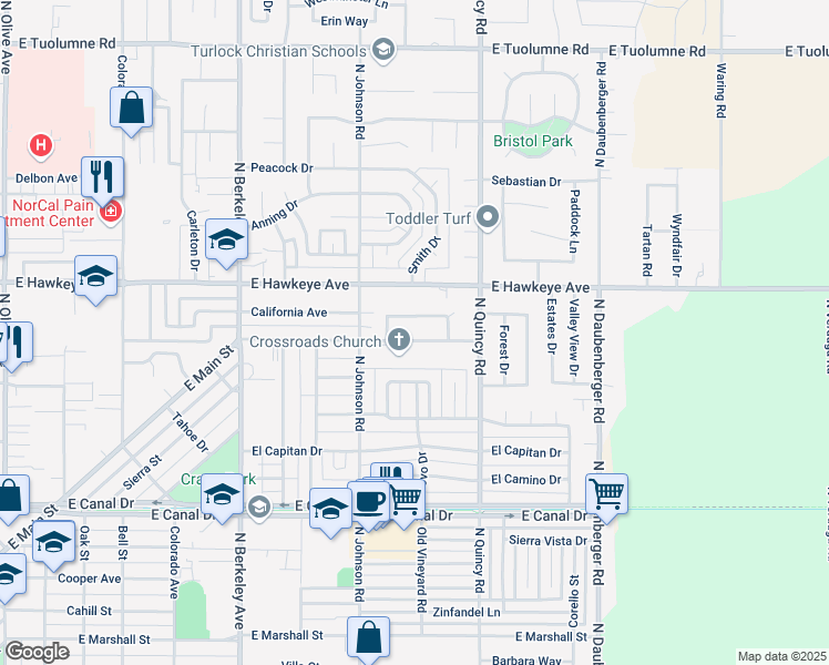 map of restaurants, bars, coffee shops, grocery stores, and more near 2220 Christine Way in Turlock