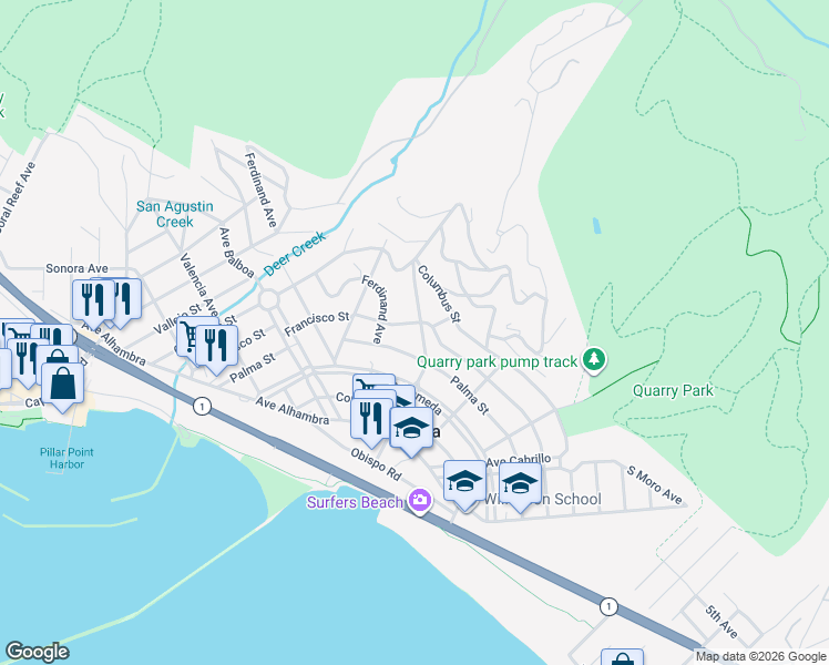 map of restaurants, bars, coffee shops, grocery stores, and more near 355 Avenue Portola in El Granada