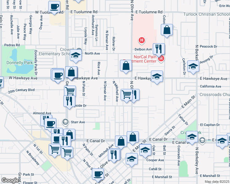 map of restaurants, bars, coffee shops, grocery stores, and more near 1361 North Mitchell Avenue in Turlock