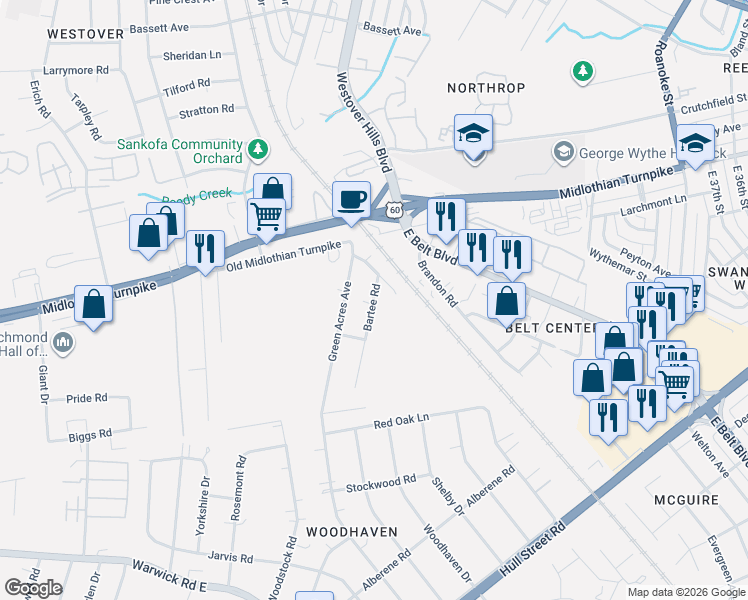 map of restaurants, bars, coffee shops, grocery stores, and more near 133 Green Acres Avenue in Richmond